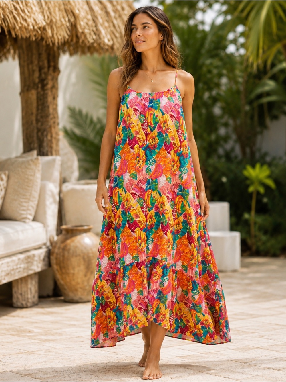 Bleu Rod Beattie Tropical Floral Maxi Dress Multicolor Spaghetti Strap Resort S